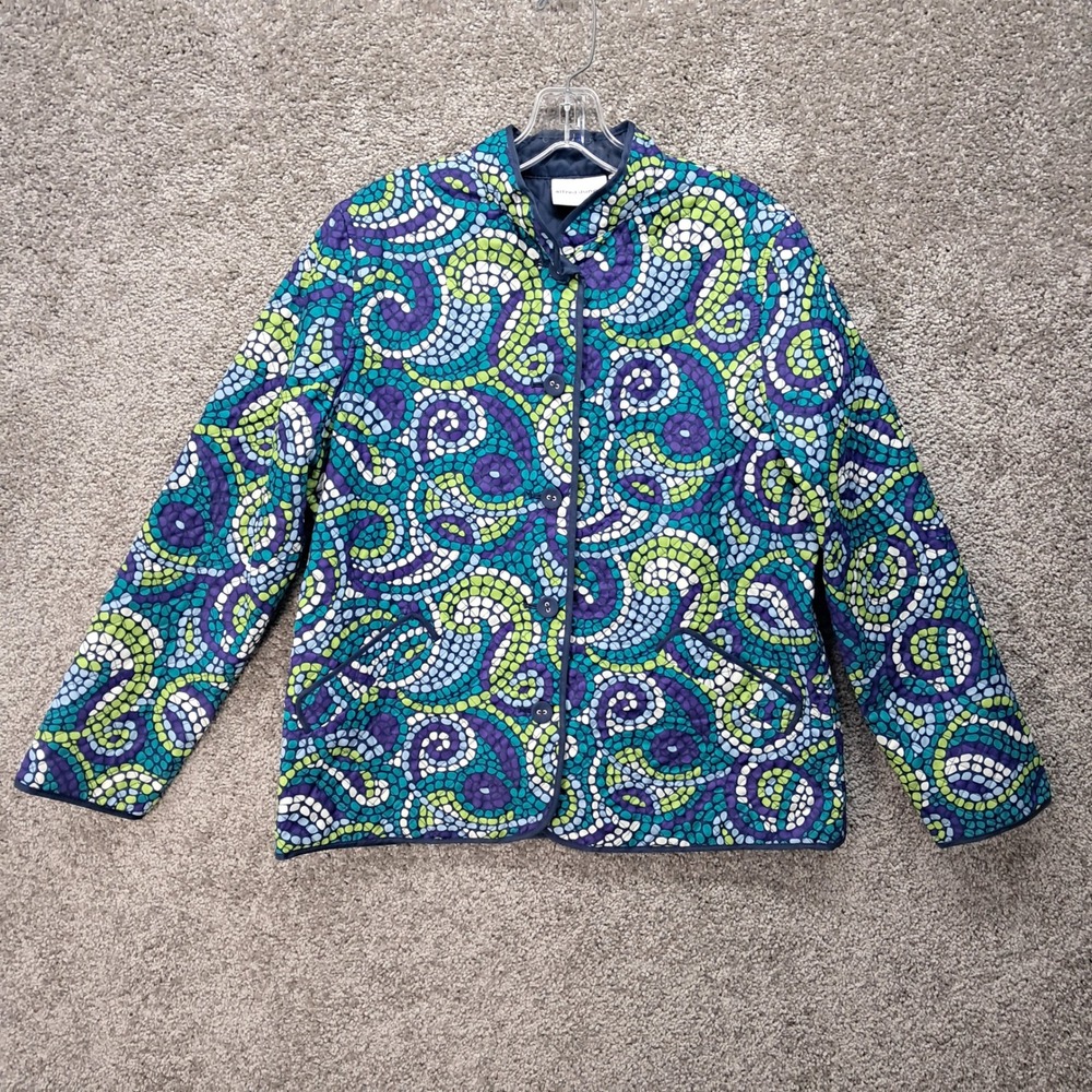 Alfred Dunner Womens Quilted Jacket Purple Green Blue Mosaic Swirl Size 8